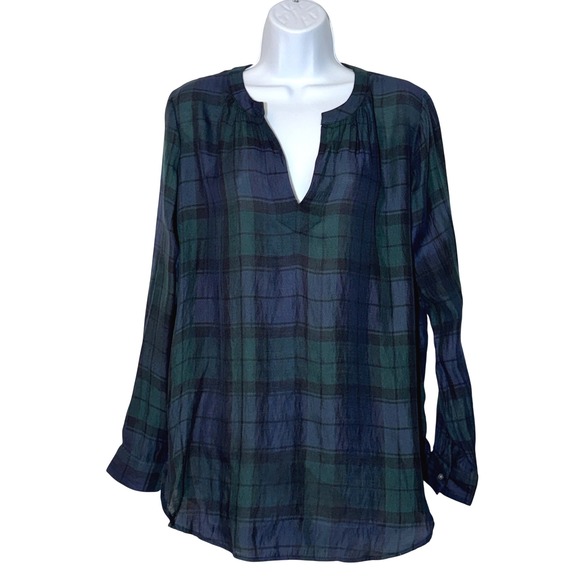 Ann Taylor LOFT The Softened Shirt Blue/Green Plaid Long Sleeve Blouse Sz Small‎ - Picture 1 of 16
